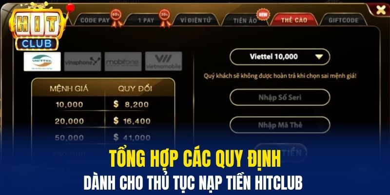 Tổng hợp các quy định dành cho thủ tục nạp tiền HitClub 